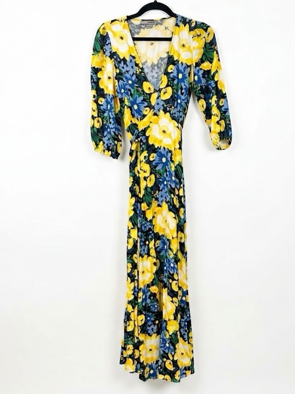 Love X Design Floral Maxi Dress Size XS Yellow Blue Bold Print V-Neck Boho Tie